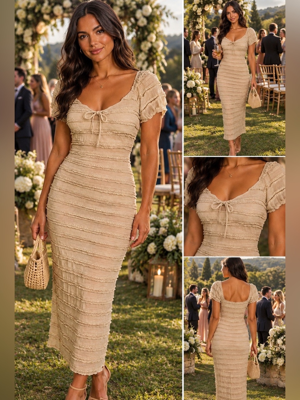 No Comment Beige Lace Trim Bodycon Midi Dress Cottagecore Coquette Boho S